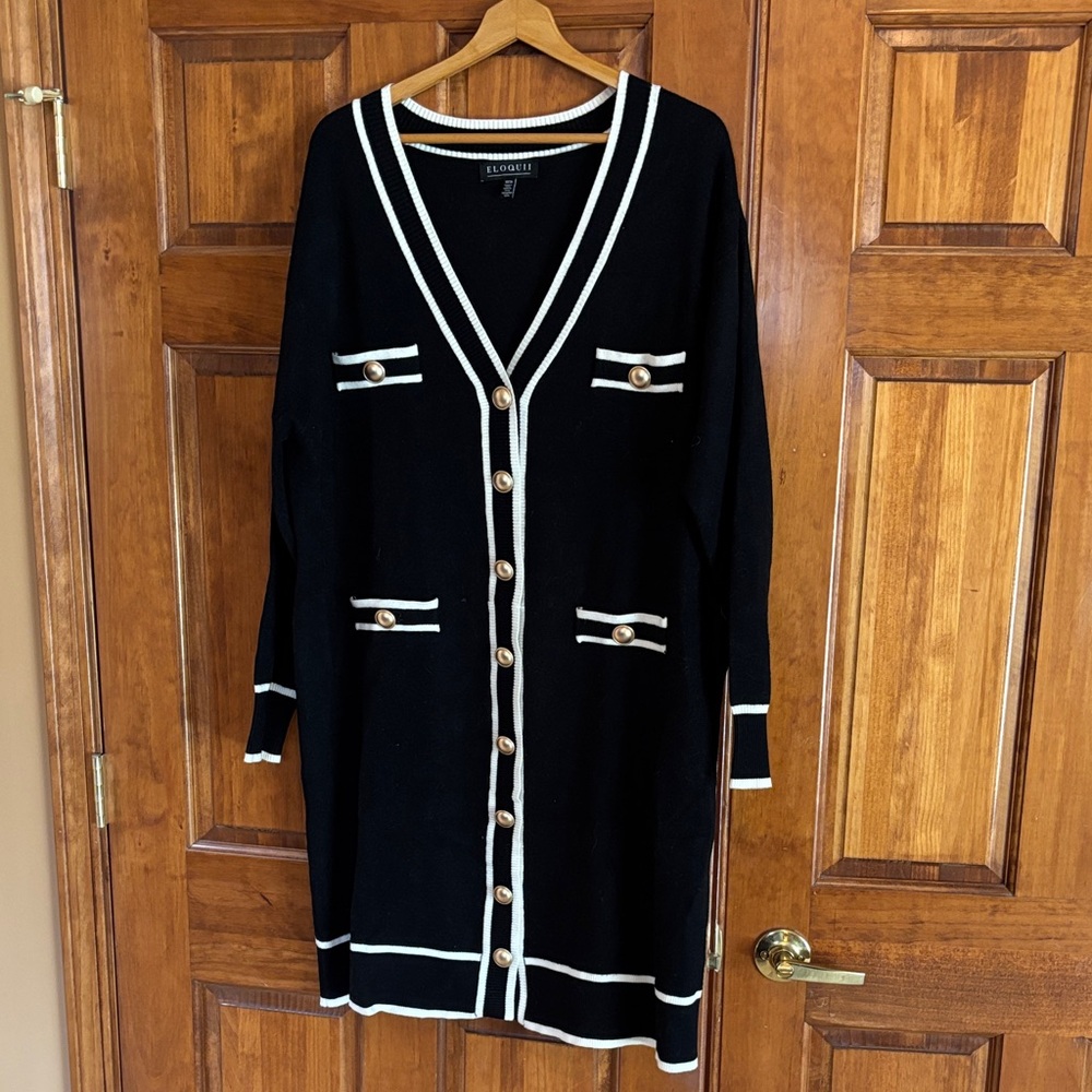 Eloquii Black Cardigan Dress with White Accents